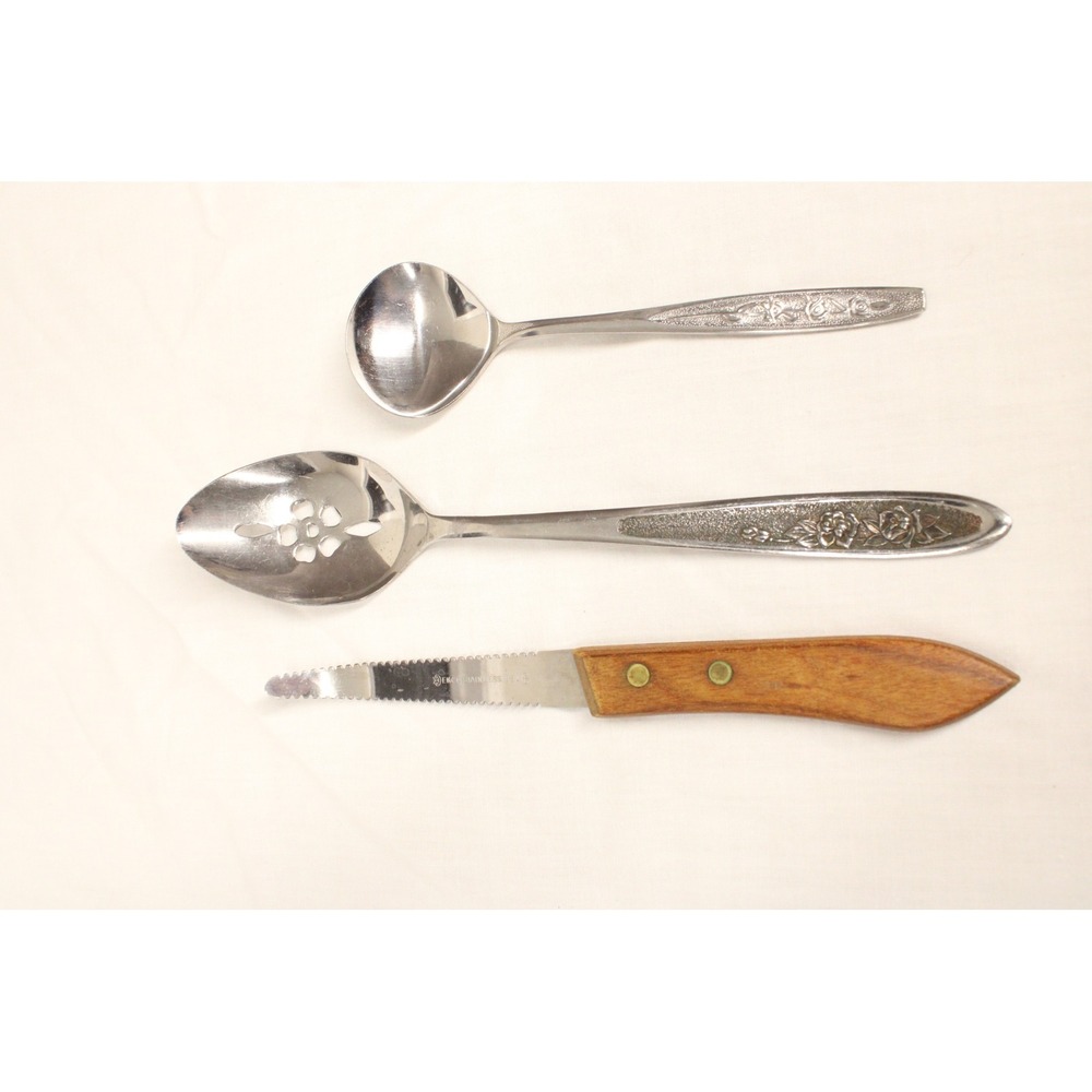 Lot of 3 Ekco Ladle Slotted Spoon Knife Set Stainless Steel Rose Vintage